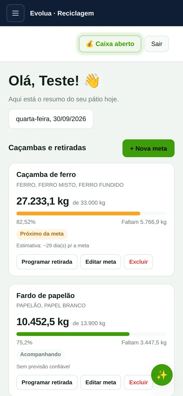 Tela real do Evolua no celular: painel com metas de caçambas e retiradas